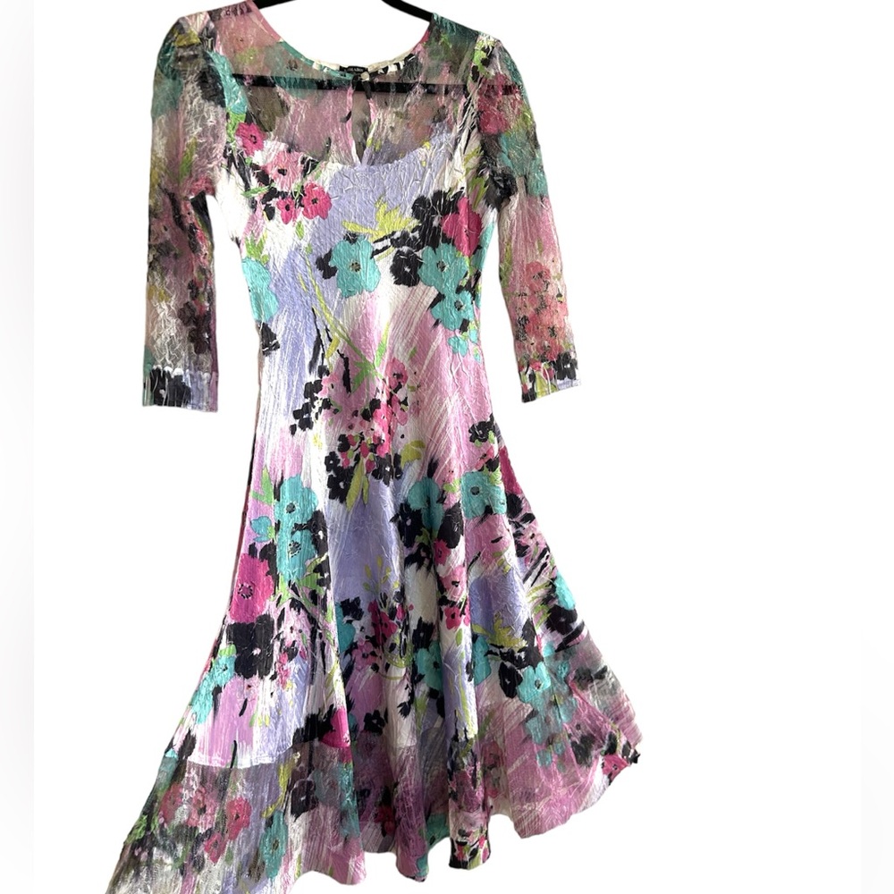 KOMAROV Floral Illusion Lace Charmeuse 3/4 Sleeve Dress